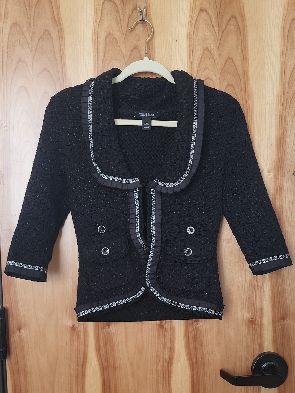 White House Black Market Black Tweed Cropped Blazer with Gray Braid